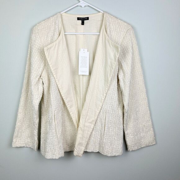 NWT Eileen Fisher Open Front Embroidered Cotton Jacket Blazer Cream Bone Women M - Picture 1 of 11